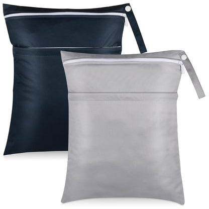 Baby Cloth Diaper Wet/Dry Bags, 2 Pack With Two Zippered Pockets, Waterproof Washable Reusable for Travel, Beach, Pool, Gym, Swimsuits or Wet Clothes, L0113