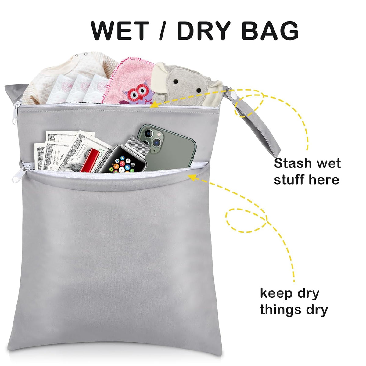 Baby Cloth Diaper Wet/Dry Bags, 2 Pack With Two Zippered Pockets, Waterproof Washable Reusable for Travel, Beach, Pool, Gym, Swimsuits or Wet Clothes, L0113