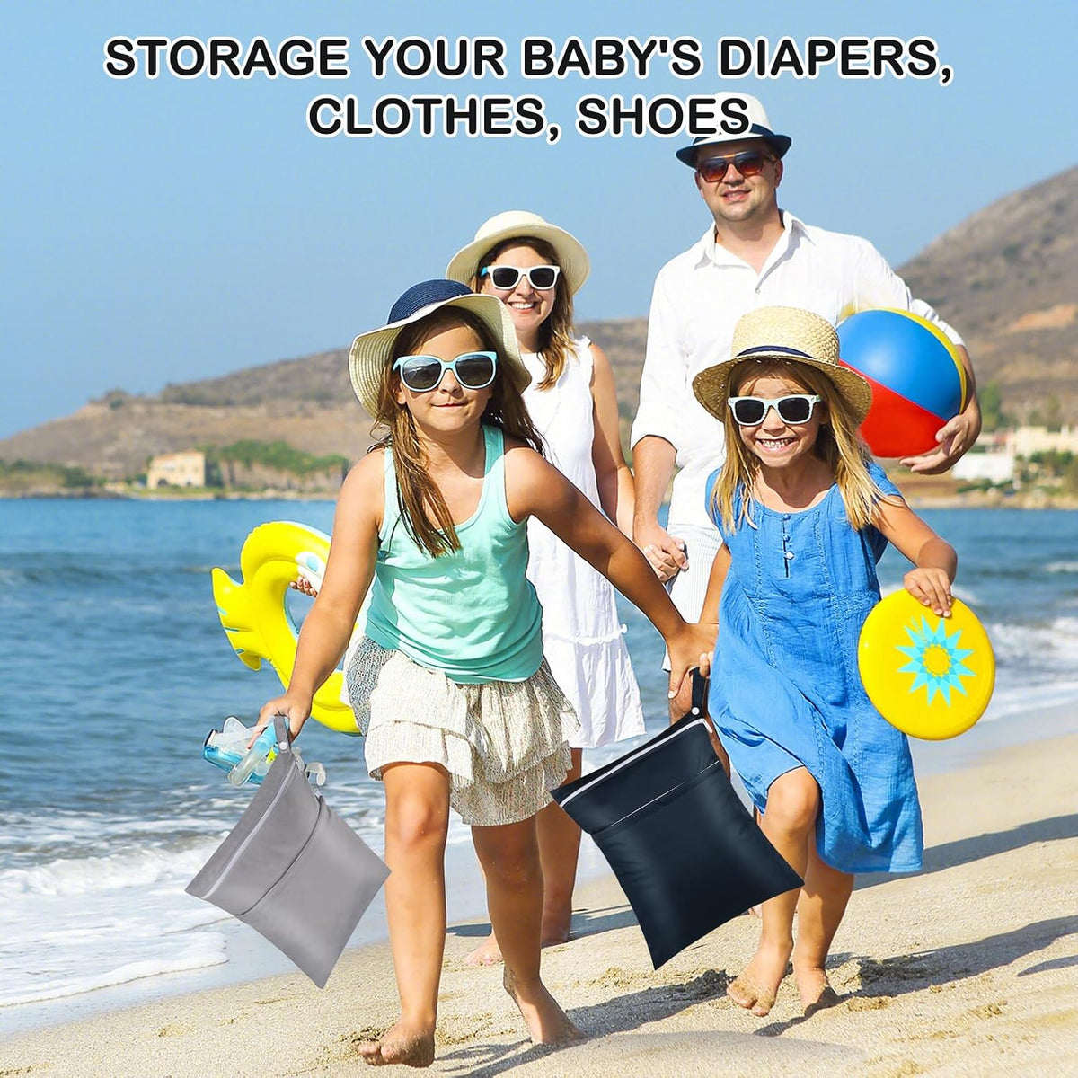 Baby Cloth Diaper Wet/Dry Bags, 2 Pack With Two Zippered Pockets, Waterproof Washable Reusable for Travel, Beach, Pool, Gym, Swimsuits or Wet Clothes, L0113