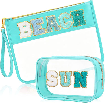 2 Pcs Chenille Letter Clear Makeup Bag Waterproof Nylon Cosmetic Bag Tsa Approved Toiletry Pouch, Nylon Cosmetic Pouch for Travel Gym Beach(Pink,Beach Sun)
