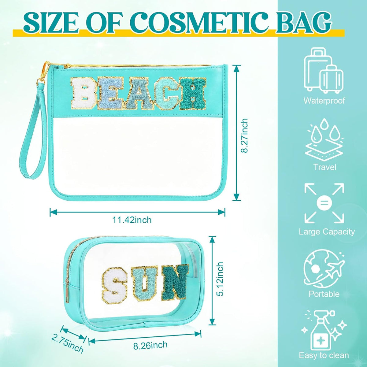 2 Pcs Chenille Letter Clear Makeup Bag Waterproof Nylon Cosmetic Bag Tsa Approved Toiletry Pouch, Nylon Cosmetic Pouch for Travel Gym Beach(Pink,Beach Sun)