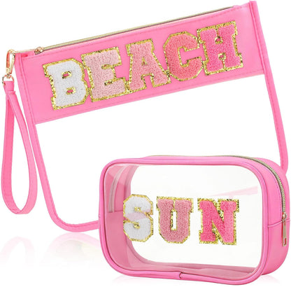 2 Pcs Chenille Letter Clear Makeup Bag Waterproof Nylon Cosmetic Bag Tsa Approved Toiletry Pouch, Nylon Cosmetic Pouch for Travel Gym Beach(Pink,Beach Sun)