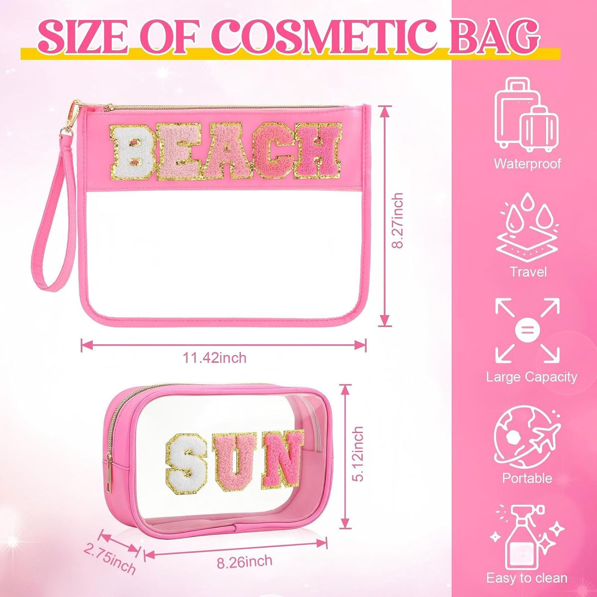 2 Pcs Chenille Letter Clear Makeup Bag Waterproof Nylon Cosmetic Bag Tsa Approved Toiletry Pouch, Nylon Cosmetic Pouch for Travel Gym Beach(Pink,Beach Sun)