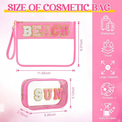 2 Pcs Chenille Letter Clear Makeup Bag Waterproof Nylon Cosmetic Bag Tsa Approved Toiletry Pouch, Nylon Cosmetic Pouch for Travel Gym Beach(Pink,Beach Sun)