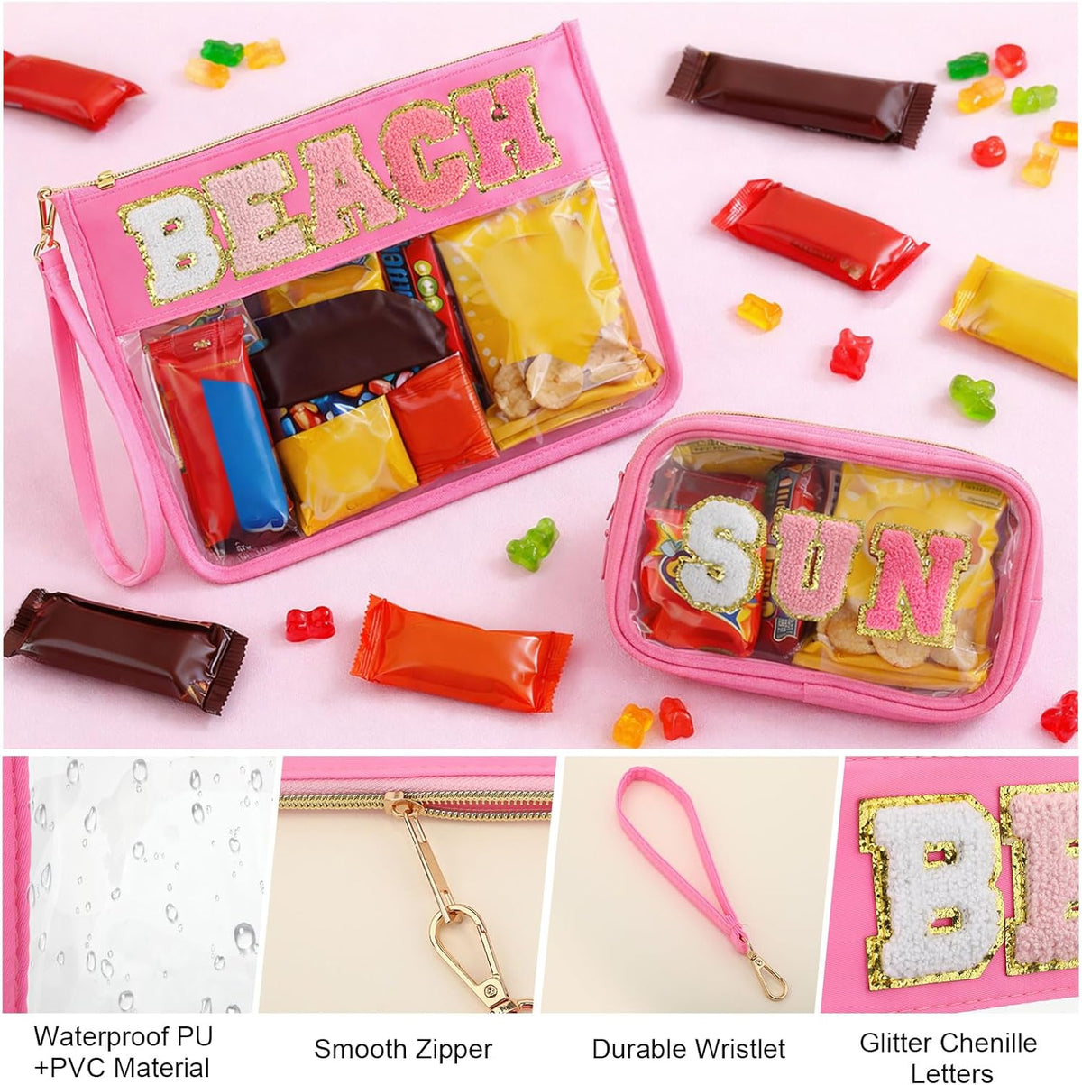 2 Pcs Chenille Letter Clear Makeup Bag Waterproof Nylon Cosmetic Bag Tsa Approved Toiletry Pouch, Nylon Cosmetic Pouch for Travel Gym Beach(Pink,Beach Sun)