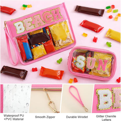 2 Pcs Chenille Letter Clear Makeup Bag Waterproof Nylon Cosmetic Bag Tsa Approved Toiletry Pouch, Nylon Cosmetic Pouch for Travel Gym Beach(Pink,Beach Sun)