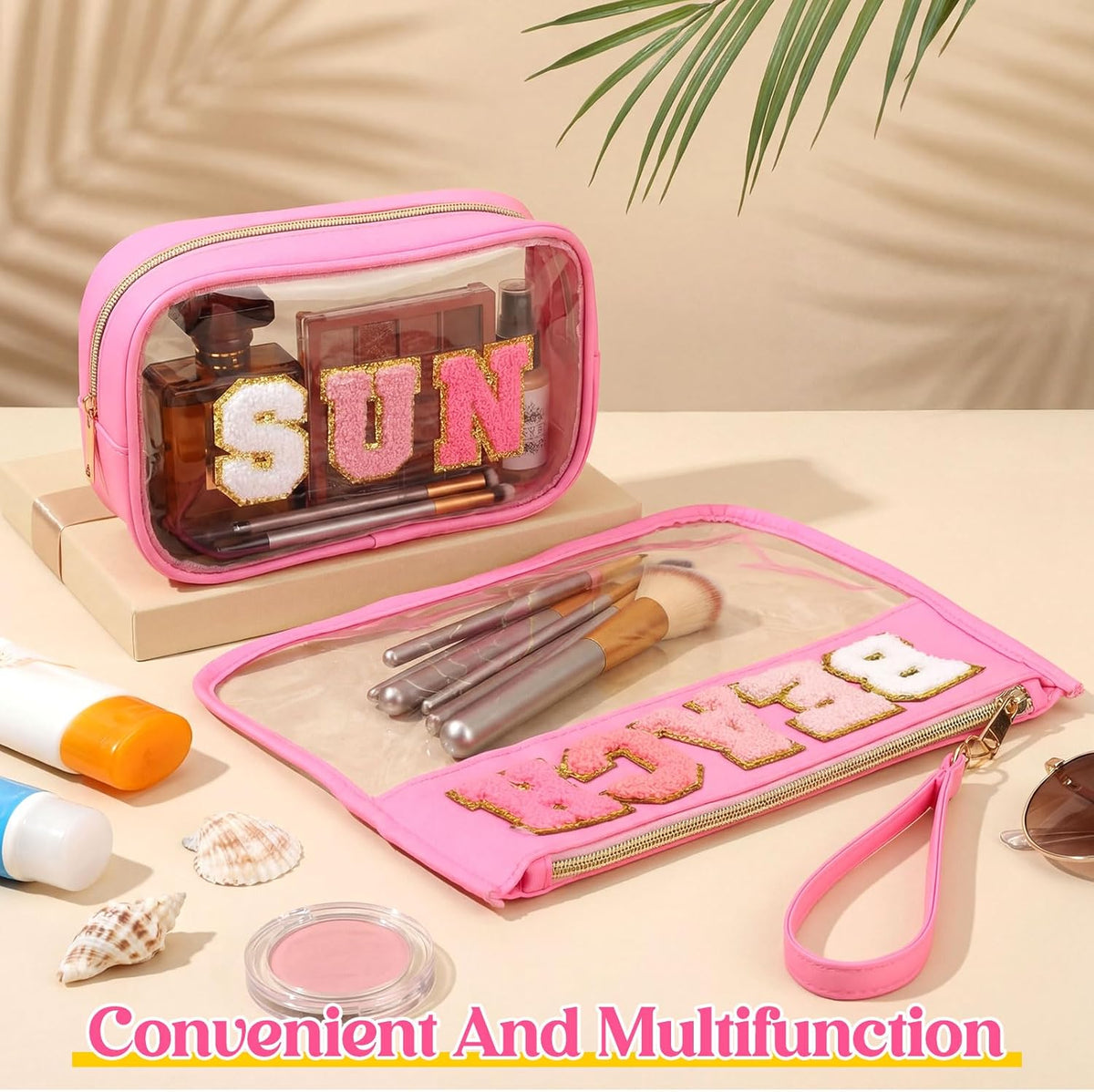 2 Pcs Chenille Letter Clear Makeup Bag Waterproof Nylon Cosmetic Bag Tsa Approved Toiletry Pouch, Nylon Cosmetic Pouch for Travel Gym Beach(Pink,Beach Sun)