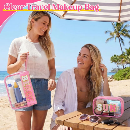 2 Pcs Chenille Letter Clear Makeup Bag Waterproof Nylon Cosmetic Bag Tsa Approved Toiletry Pouch, Nylon Cosmetic Pouch for Travel Gym Beach(Pink,Beach Sun)