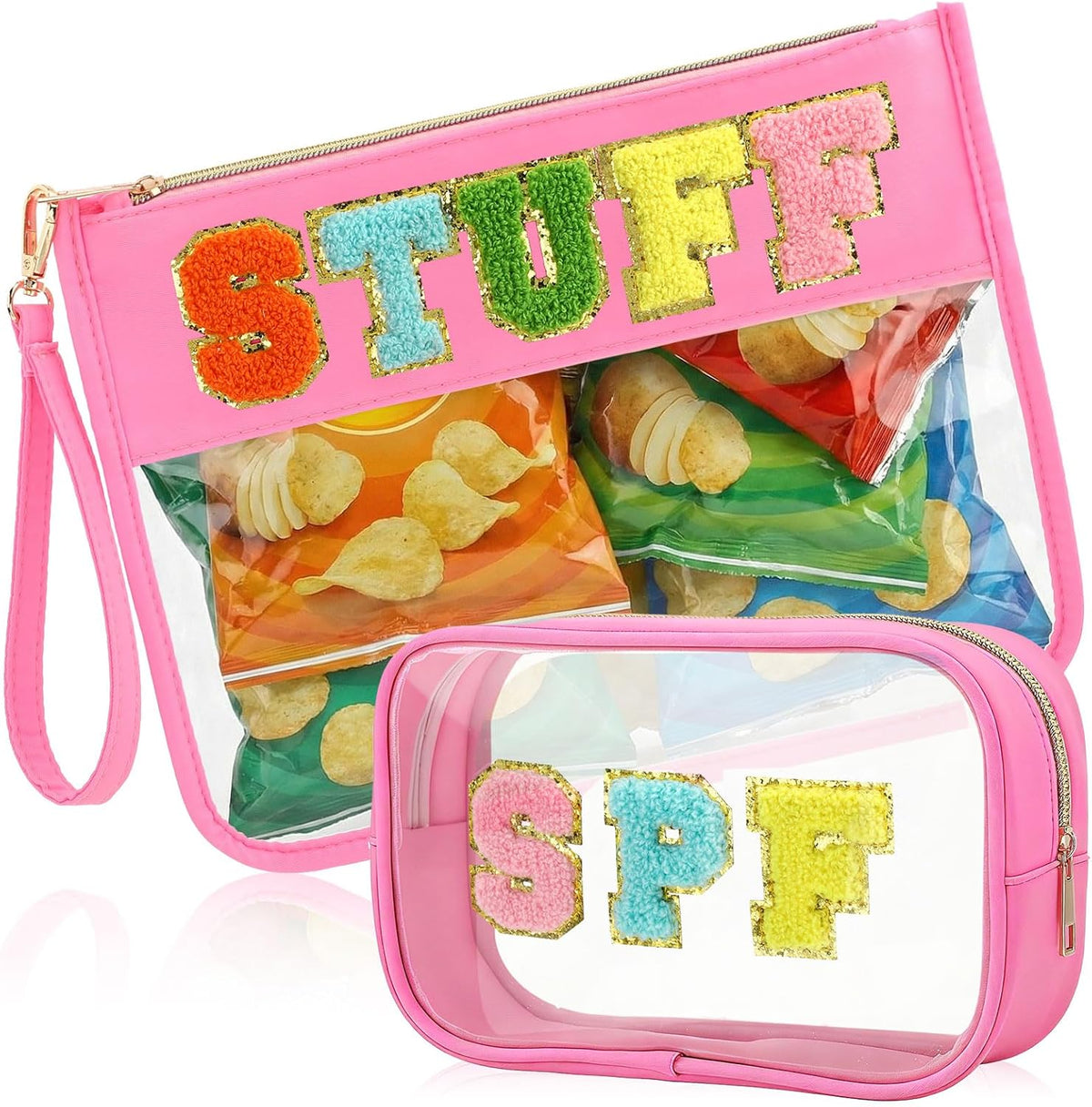 2 Pcs Chenille Letter Clear Makeup Bag Waterproof Nylon Cosmetic Bag Tsa Approved Toiletry Pouch, Nylon Cosmetic Pouch for Travel Gym Beach(Pink,Beach Sun)