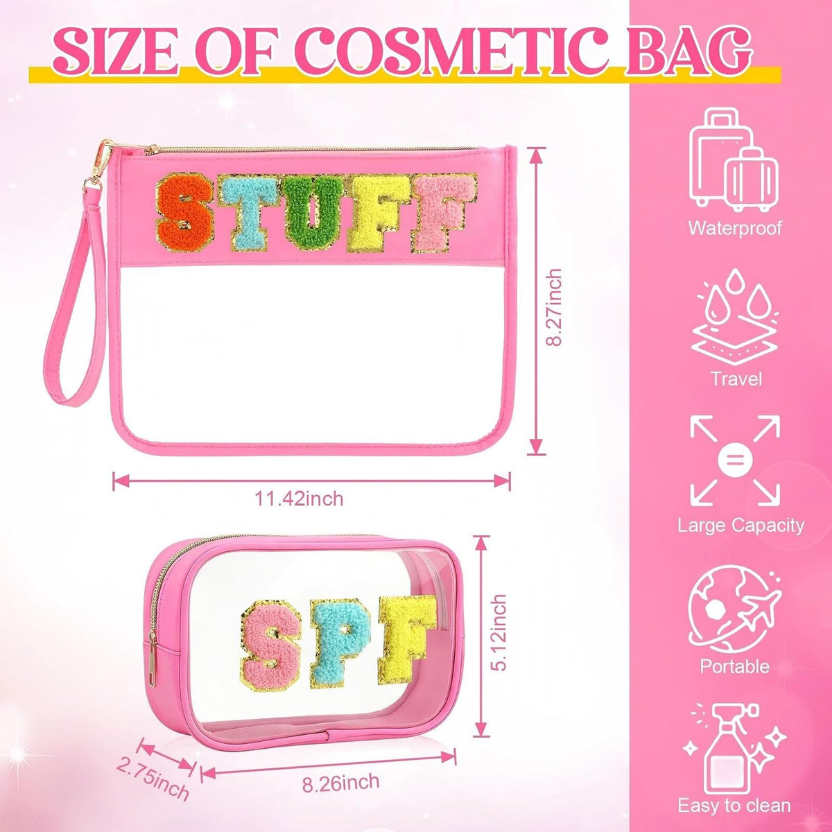 2 Pcs Chenille Letter Clear Makeup Bag Waterproof Nylon Cosmetic Bag Tsa Approved Toiletry Pouch, Nylon Cosmetic Pouch for Travel Gym Beach(Pink,Beach Sun)