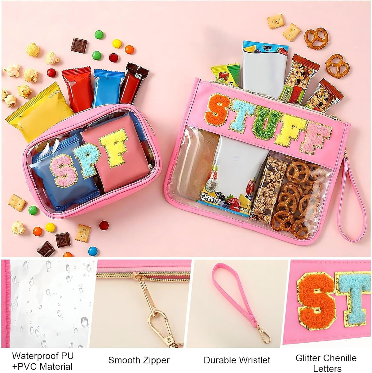2 Pcs Chenille Letter Clear Makeup Bag Waterproof Nylon Cosmetic Bag Tsa Approved Toiletry Pouch, Nylon Cosmetic Pouch for Travel Gym Beach(Pink,Beach Sun)