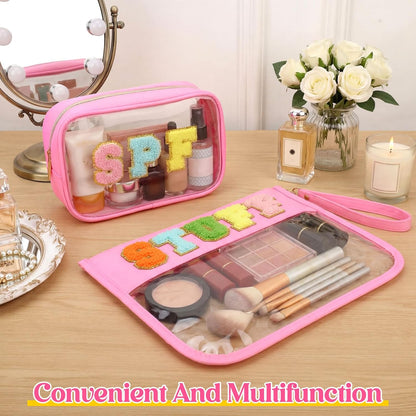 2 Pcs Chenille Letter Clear Makeup Bag Waterproof Nylon Cosmetic Bag Tsa Approved Toiletry Pouch, Nylon Cosmetic Pouch for Travel Gym Beach(Pink,Beach Sun)