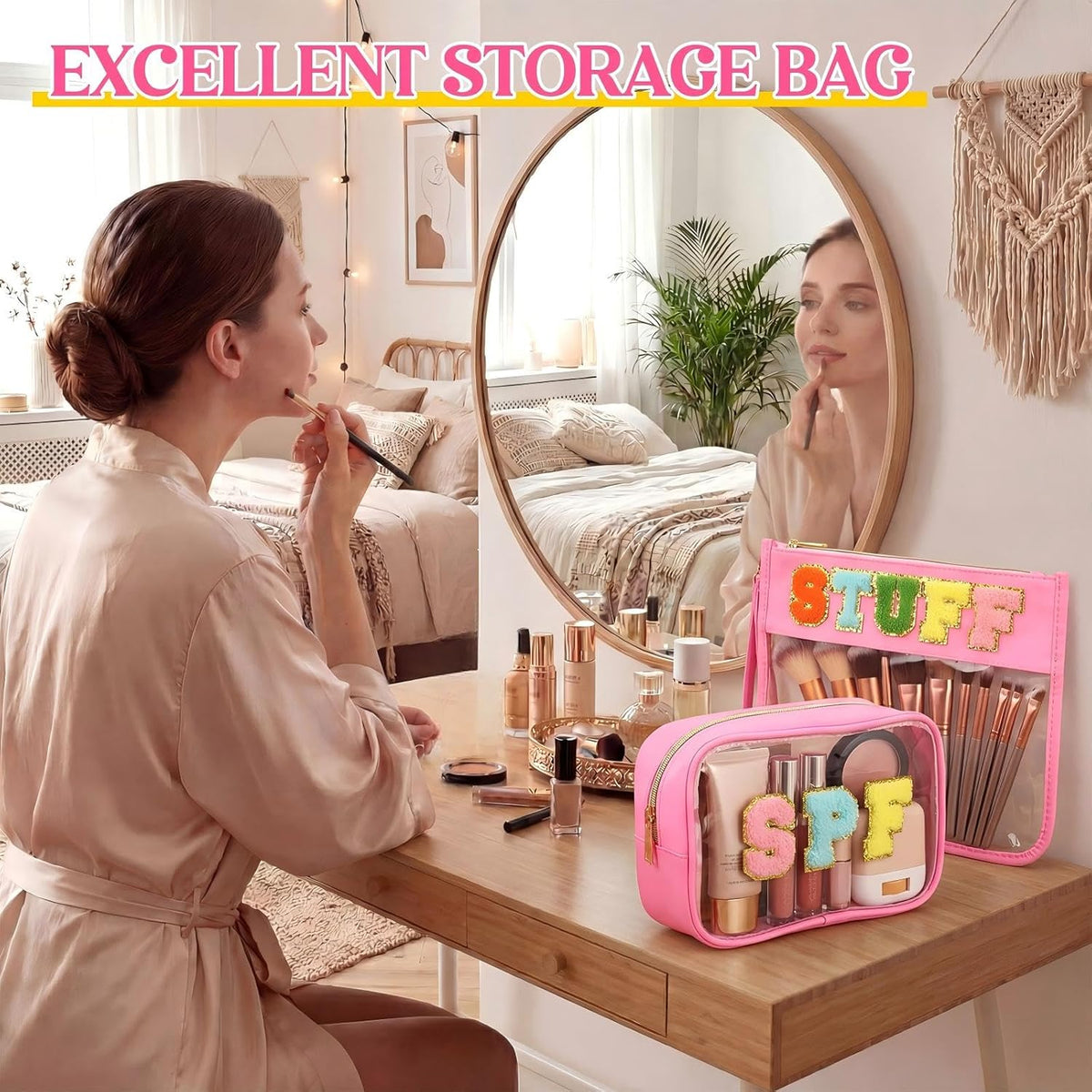 2 Pcs Chenille Letter Clear Makeup Bag Waterproof Nylon Cosmetic Bag Tsa Approved Toiletry Pouch, Nylon Cosmetic Pouch for Travel Gym Beach(Pink,Beach Sun)