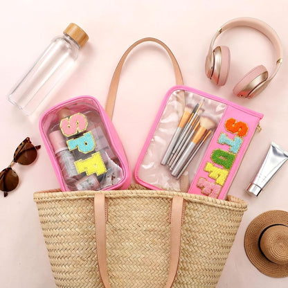 2 Pcs Chenille Letter Clear Makeup Bag Waterproof Nylon Cosmetic Bag Tsa Approved Toiletry Pouch, Nylon Cosmetic Pouch for Travel Gym Beach(Pink,Beach Sun)
