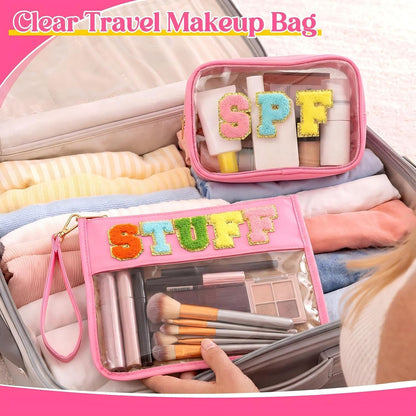 2 Pcs Chenille Letter Clear Makeup Bag Waterproof Nylon Cosmetic Bag Tsa Approved Toiletry Pouch, Nylon Cosmetic Pouch for Travel Gym Beach(Pink,Beach Sun)