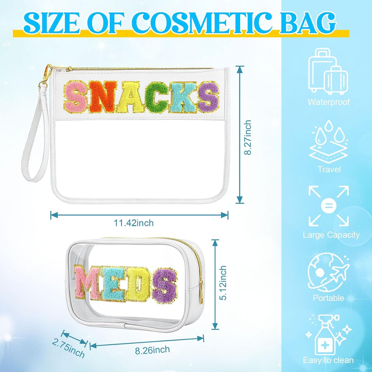 2 Pcs Chenille Letter Clear Makeup Bag Waterproof Nylon Cosmetic Bag Tsa Approved Toiletry Pouch, Nylon Cosmetic Pouch for Travel Gym Beach(Pink,Beach Sun)