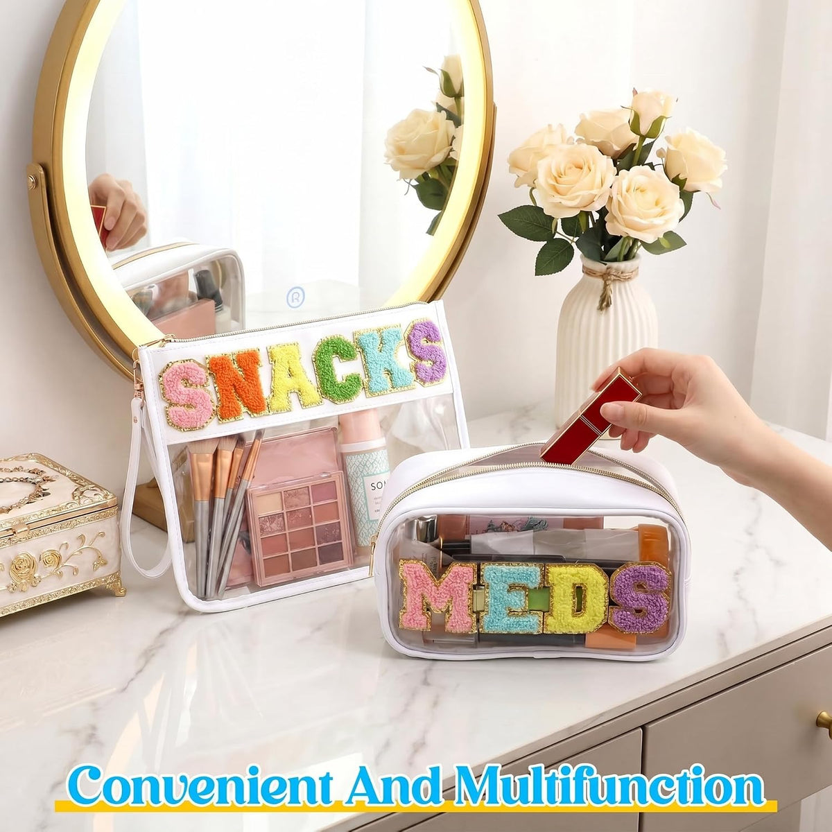 2 Pcs Chenille Letter Clear Makeup Bag Waterproof Nylon Cosmetic Bag Tsa Approved Toiletry Pouch, Nylon Cosmetic Pouch for Travel Gym Beach(Pink,Beach Sun)