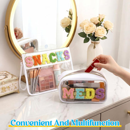2 Pcs Chenille Letter Clear Makeup Bag Waterproof Nylon Cosmetic Bag Tsa Approved Toiletry Pouch, Nylon Cosmetic Pouch for Travel Gym Beach(Pink,Beach Sun)