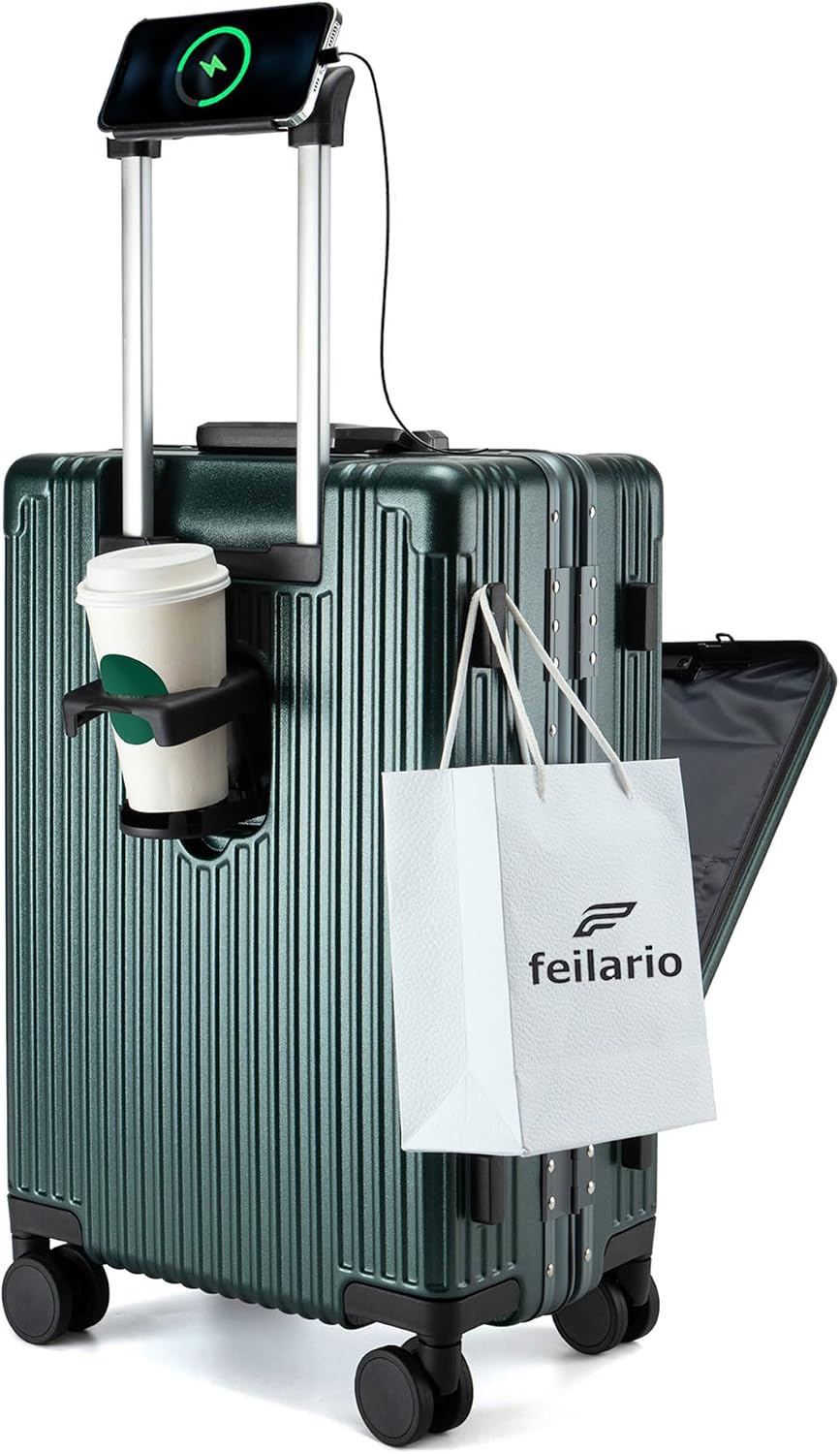 PC Hardside Carry On Luggage, Aluminum Frame, TSA Lock, Cup Holder | USB port, phone holder and spinner wheels keep essentials reachable for airport and business trips