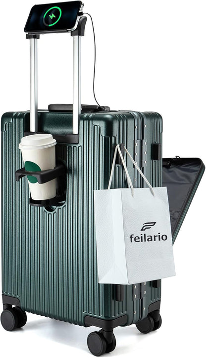 PC Hardside Carry On Luggage, Aluminum Frame, TSA Lock, Cup Holder | USB port, phone holder and spinner wheels keep essentials reachable for airport and business trips