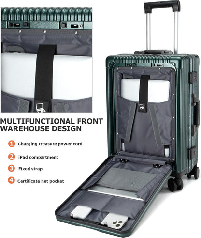 PC Hardside Carry On Luggage, Aluminum Frame, TSA Lock, Cup Holder | USB port, phone holder and spinner wheels keep essentials reachable for airport and business trips