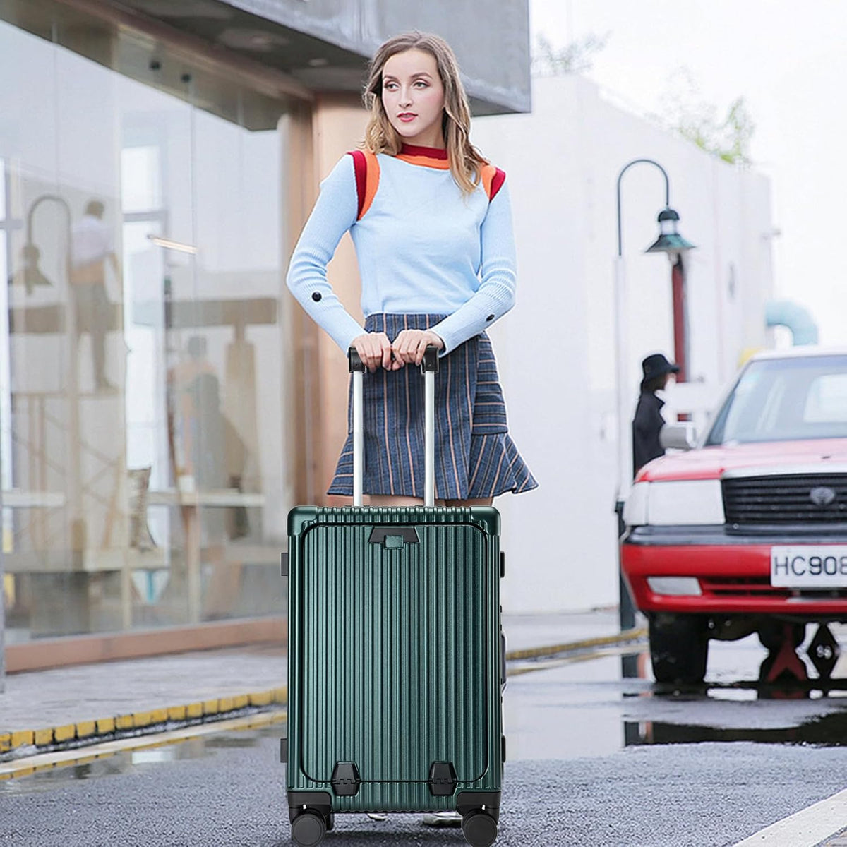 PC Hardside Carry On Luggage, Aluminum Frame, TSA Lock, Cup Holder | USB port, phone holder and spinner wheels keep essentials reachable for airport and business trips