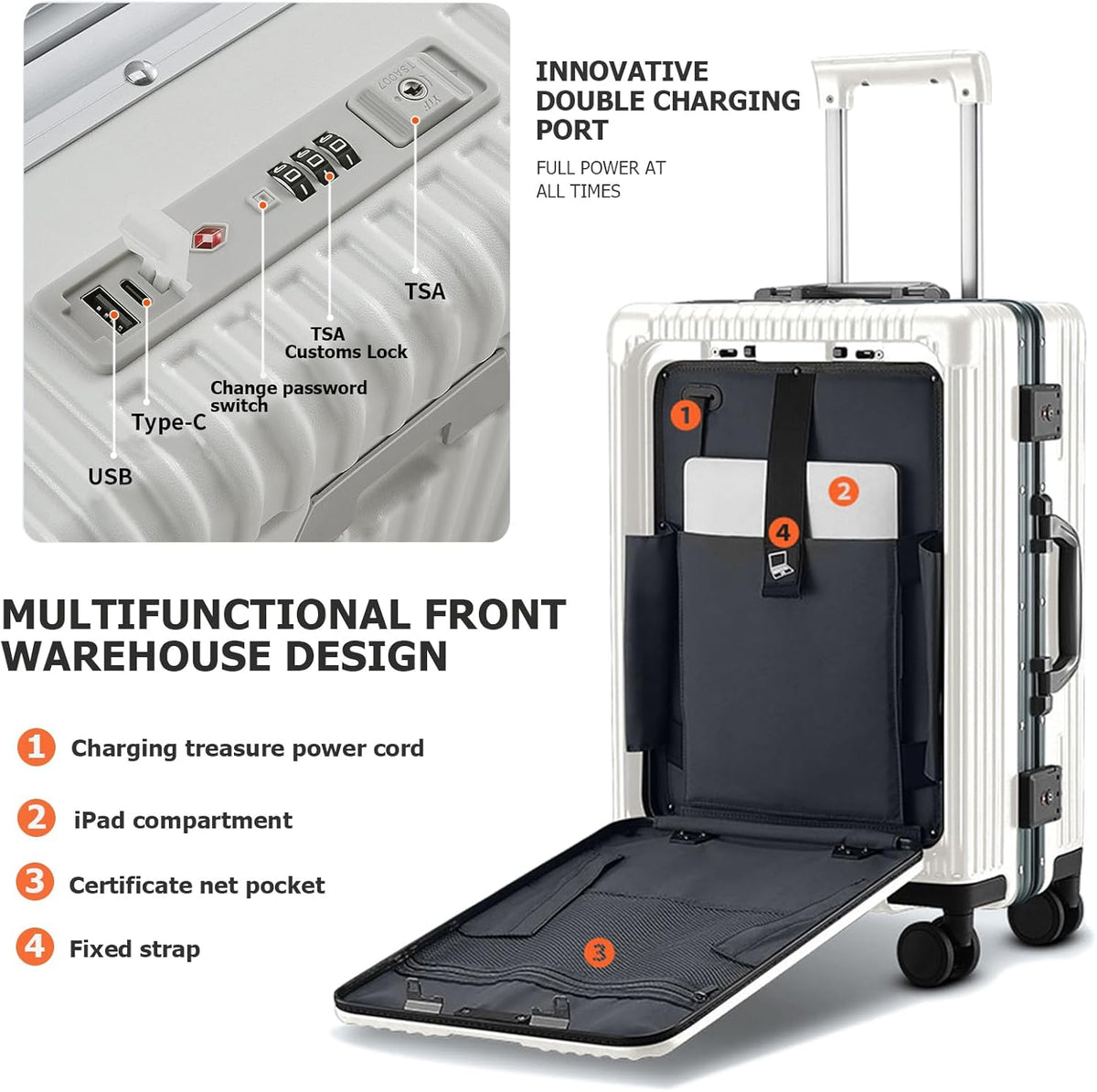 PC Hardside Carry On Luggage, Aluminum Frame, TSA Lock, Cup Holder | USB port, phone holder and spinner wheels keep essentials reachable for airport and business trips