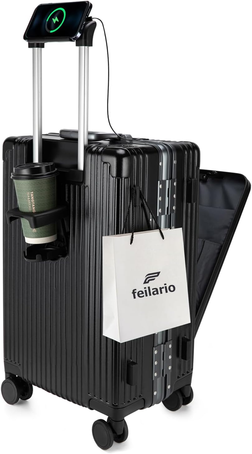 PC Hardside Carry On Luggage, Aluminum Frame, TSA Lock, Cup Holder | USB port, phone holder and spinner wheels keep essentials reachable for airport and business trips