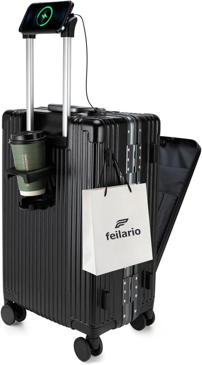 PC Hardside Carry On Luggage, Aluminum Frame, TSA Lock, Cup Holder | USB port, phone holder and spinner wheels keep essentials reachable for airport and business trips
