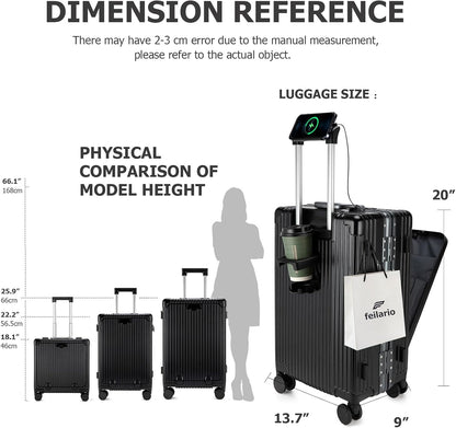 PC Hardside Carry On Luggage, Aluminum Frame, TSA Lock, Cup Holder | USB port, phone holder and spinner wheels keep essentials reachable for airport and business trips