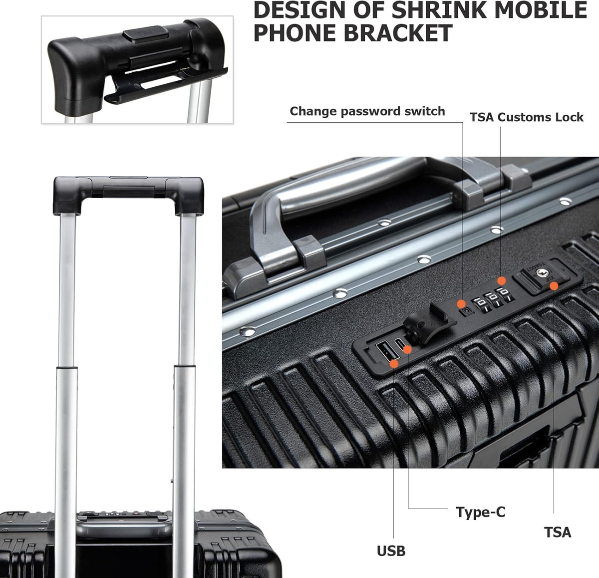 PC Hardside Carry On Luggage, Aluminum Frame, TSA Lock, Cup Holder | USB port, phone holder and spinner wheels keep essentials reachable for airport and business trips