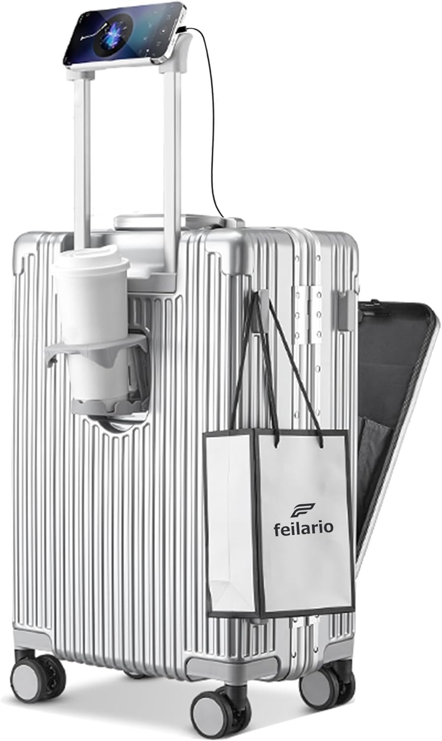 PC Hardside Carry On Luggage, Aluminum Frame, TSA Lock, Cup Holder | USB port, phone holder and spinner wheels keep essentials reachable for airport and business trips