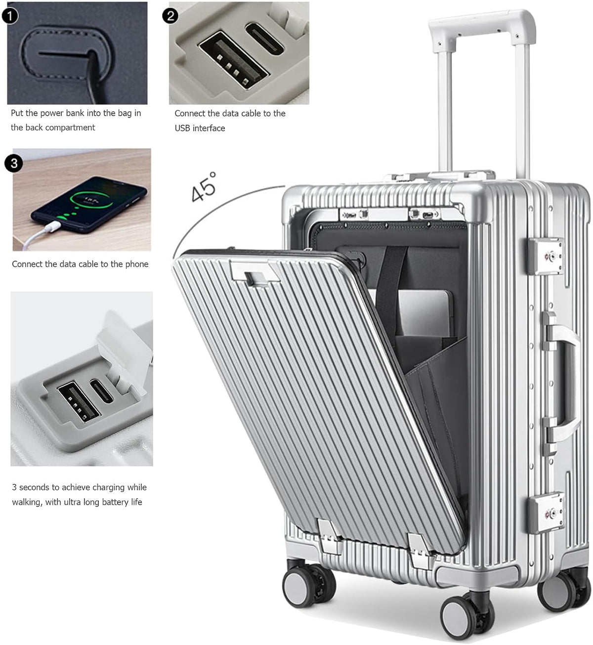 PC Hardside Carry On Luggage, Aluminum Frame, TSA Lock, Cup Holder | USB port, phone holder and spinner wheels keep essentials reachable for airport and business trips