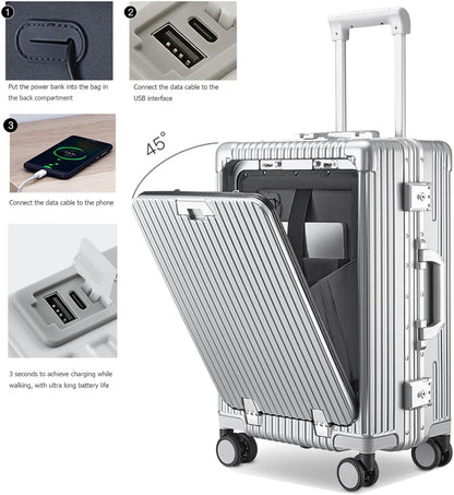 PC Hardside Carry On Luggage, Aluminum Frame, TSA Lock, Cup Holder | USB port, phone holder and spinner wheels keep essentials reachable for airport and business trips
