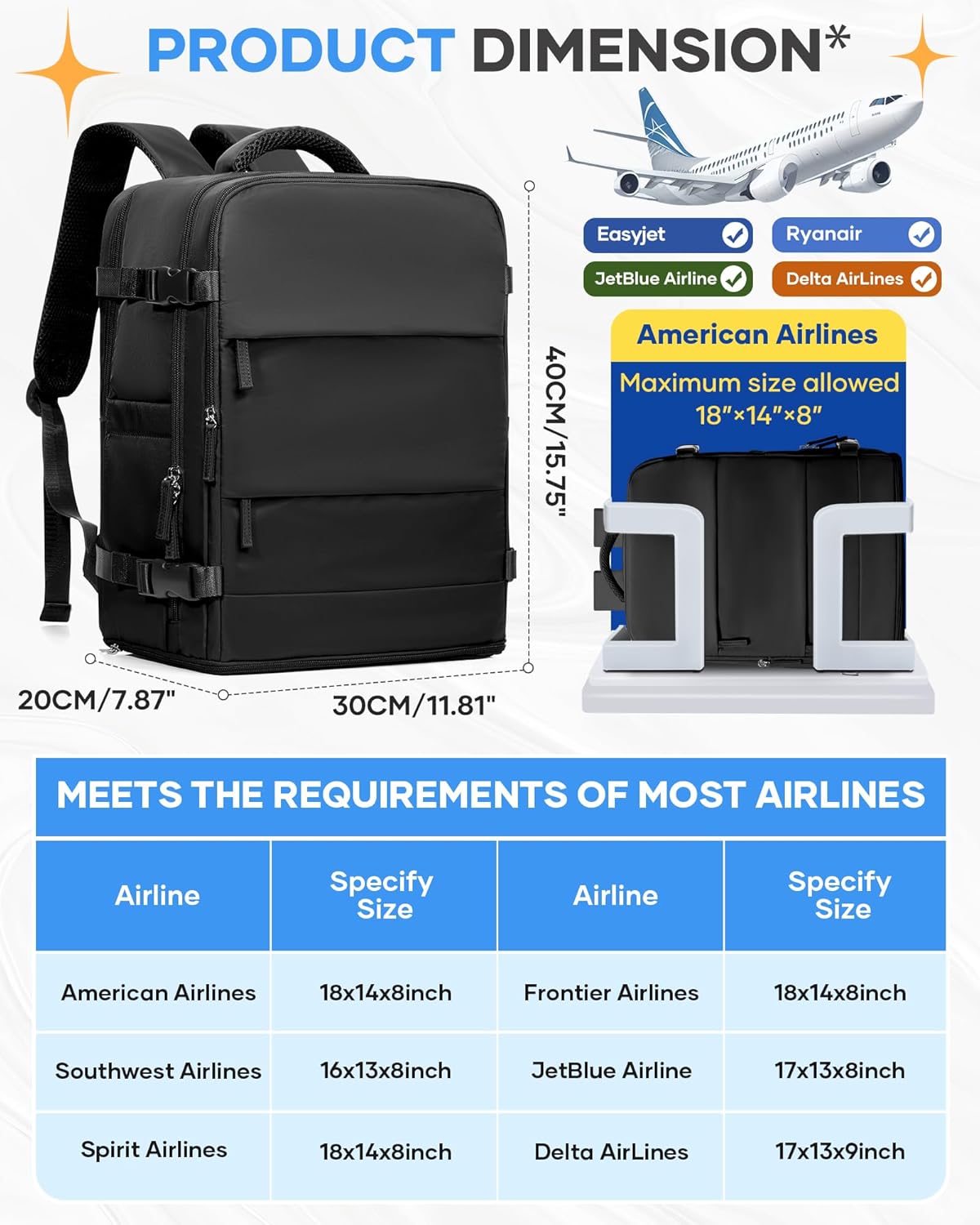 Travel Backpack Carry On Backpack Personal Item Travel Bag Mochila De Viaje Carry On Backpack For Airplanes Traveling Backpack For Women Gym Backpacks College Backpacks Sapphire Blue - Colors B