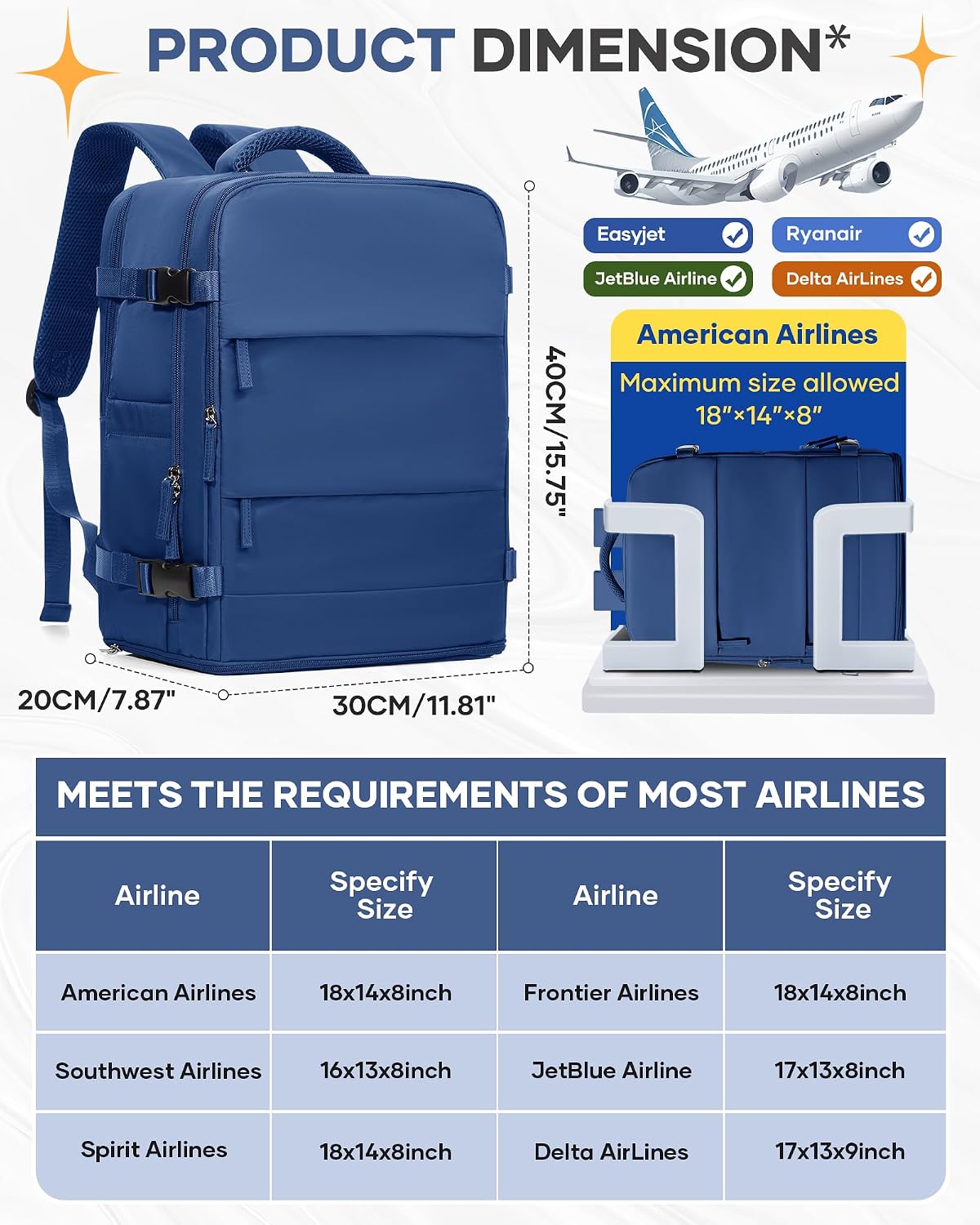 Travel Backpack Carry On Backpack Personal Item Travel Bag Mochila De Viaje Carry On Backpack For Airplanes Traveling Backpack For Women Gym Backpacks College Backpacks Sapphire Blue - Colors B