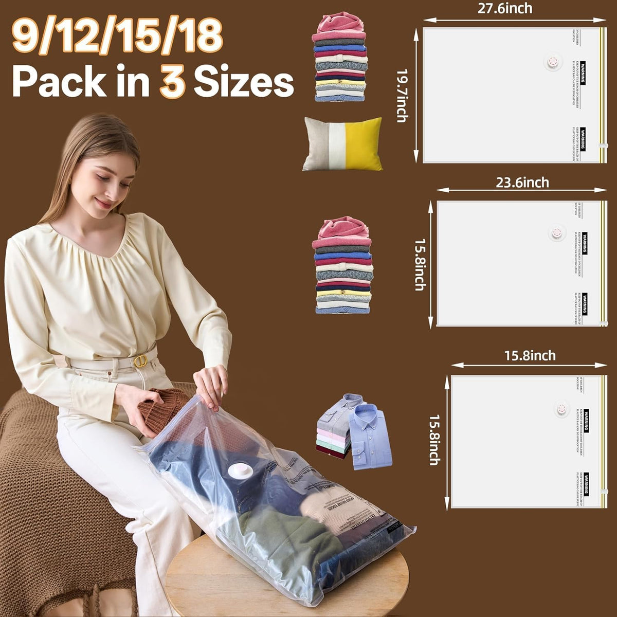 Travel Vacuum Storage Bag with Rechargeable Cordless Pump, 15 Pack Vacuum Seal Space Saver Bags for Clothing Clothes Luggage & Suitcase Compression Packing