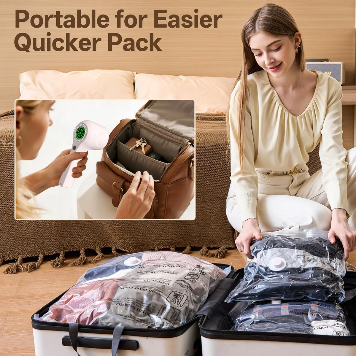 Travel Vacuum Storage Bag with Rechargeable Cordless Pump, 15 Pack Vacuum Seal Space Saver Bags for Clothing Clothes Luggage & Suitcase Compression Packing