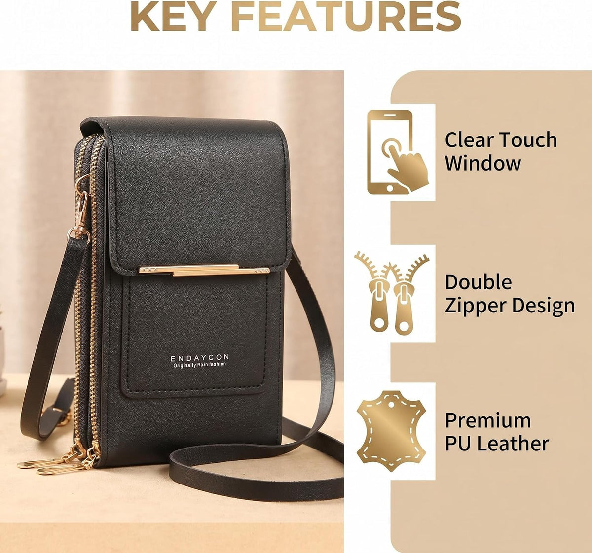 Touchscreen Phone Crossbody Bag with See-Through Window, Dual Zippers & Multi Card Slots, Cell Phone Purses