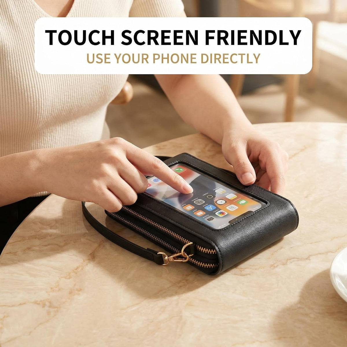 Touchscreen Phone Crossbody Bag with See-Through Window, Dual Zippers & Multi Card Slots, Cell Phone Purses