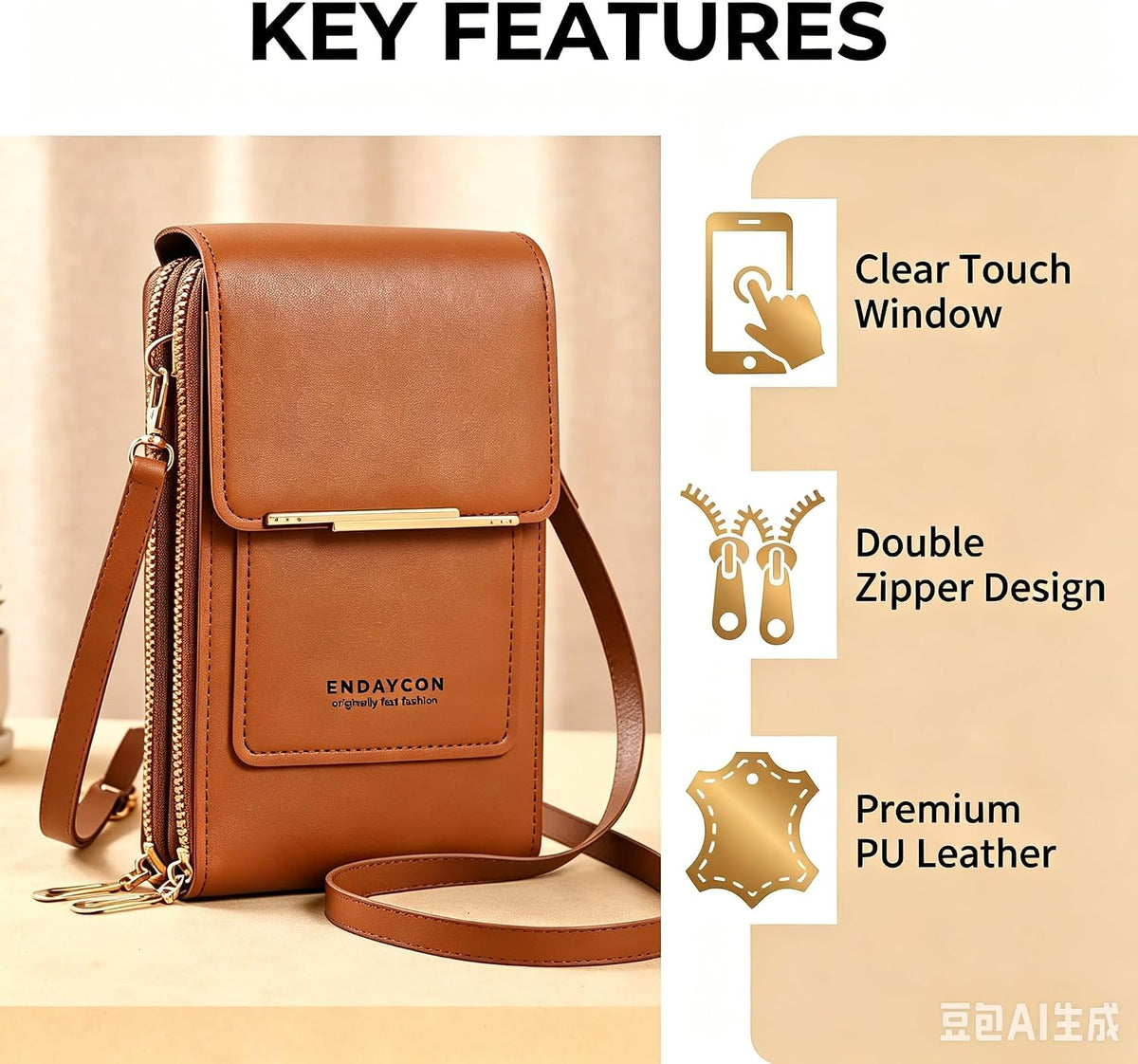 Touchscreen Phone Crossbody Bag with See-Through Window, Dual Zippers & Multi Card Slots, Cell Phone Purses