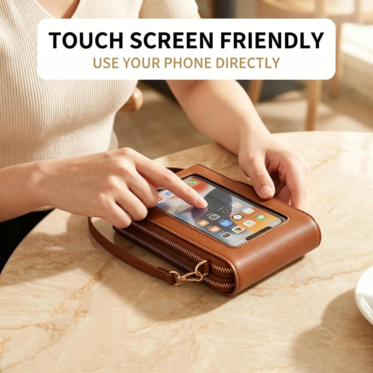 Touchscreen Phone Crossbody Bag with See-Through Window, Dual Zippers & Multi Card Slots, Cell Phone Purses