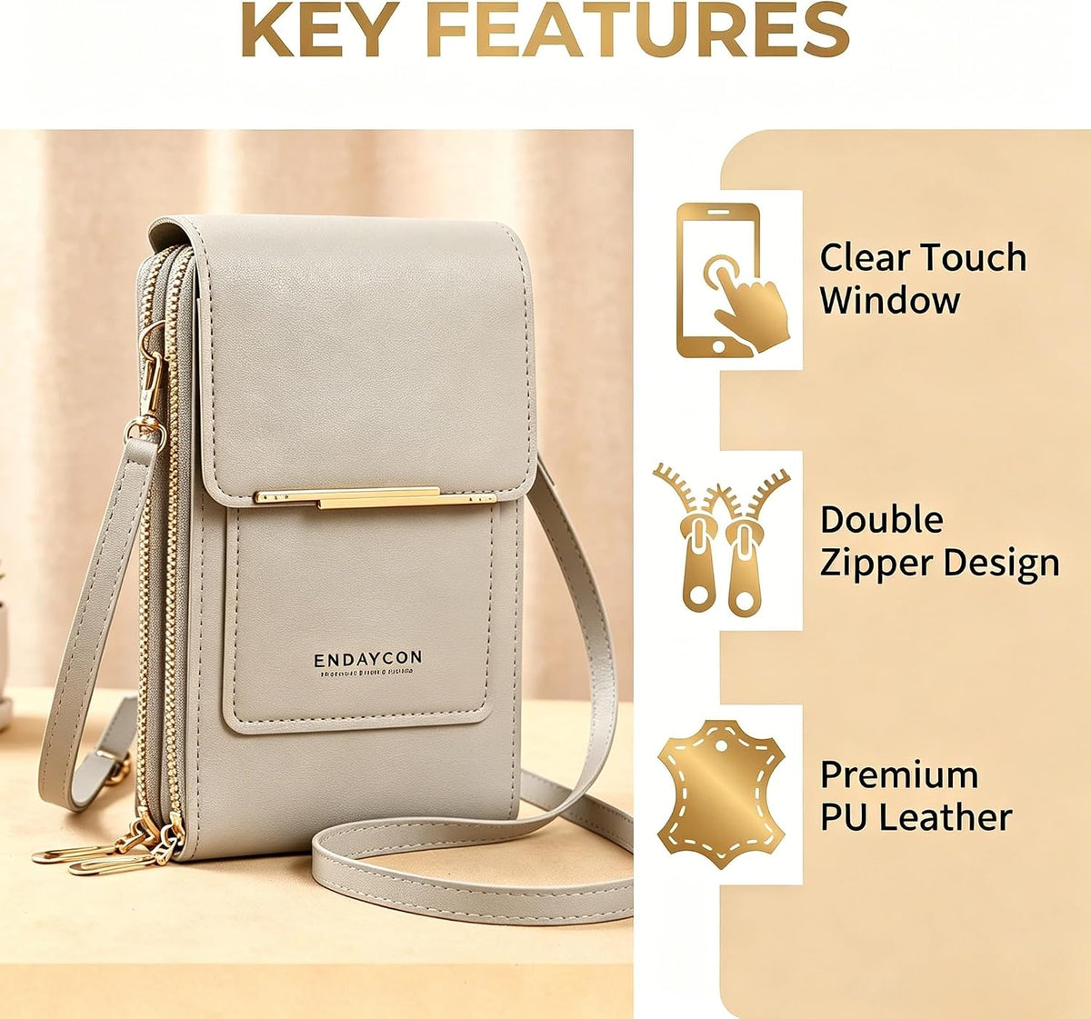 Touchscreen Phone Crossbody Bag with See-Through Window, Dual Zippers & Multi Card Slots, Cell Phone Purses