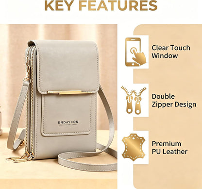 Touchscreen Phone Crossbody Bag with See-Through Window, Dual Zippers & Multi Card Slots, Cell Phone Purses