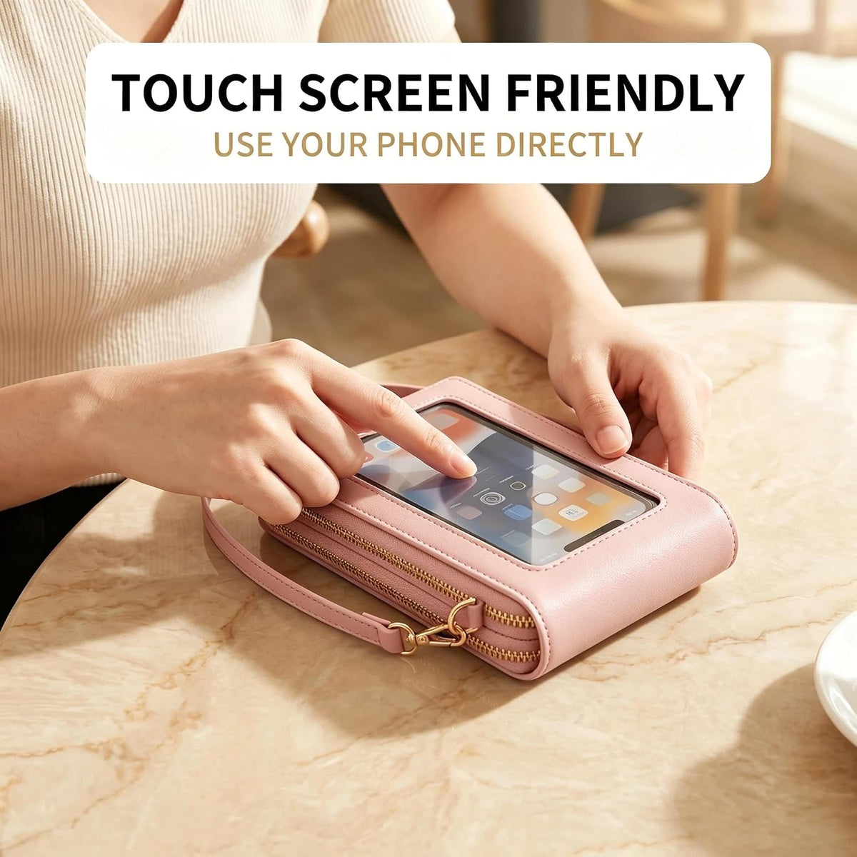 Touchscreen Phone Crossbody Bag with See-Through Window, Dual Zippers & Multi Card Slots, Cell Phone Purses
