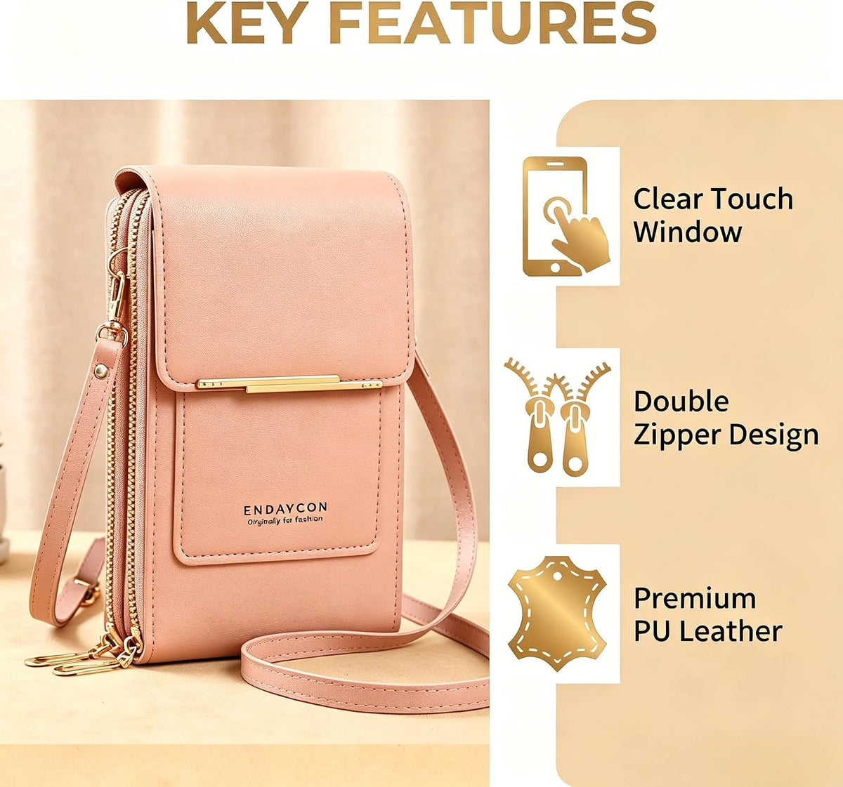 Touchscreen Phone Crossbody Bag with See-Through Window, Dual Zippers & Multi Card Slots, Cell Phone Purses