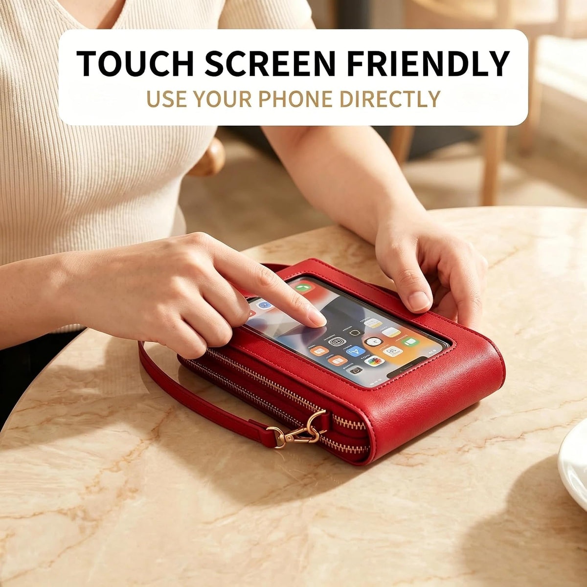 Touchscreen Phone Crossbody Bag with See-Through Window, Dual Zippers & Multi Card Slots, Cell Phone Purses