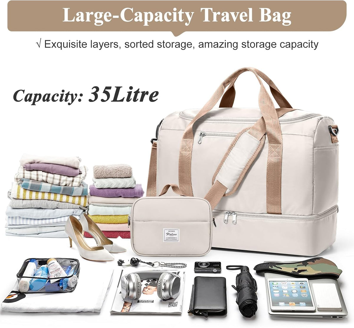 Travel Duffel Bag,Carry-On Overnight Weekender Bags with Shoes Compartment | Travel Bag with Wet Pocket & Luggage Sleeve, For Spirit Airlines 18x14x8 Personal Item Bag,Small,Black & Brown