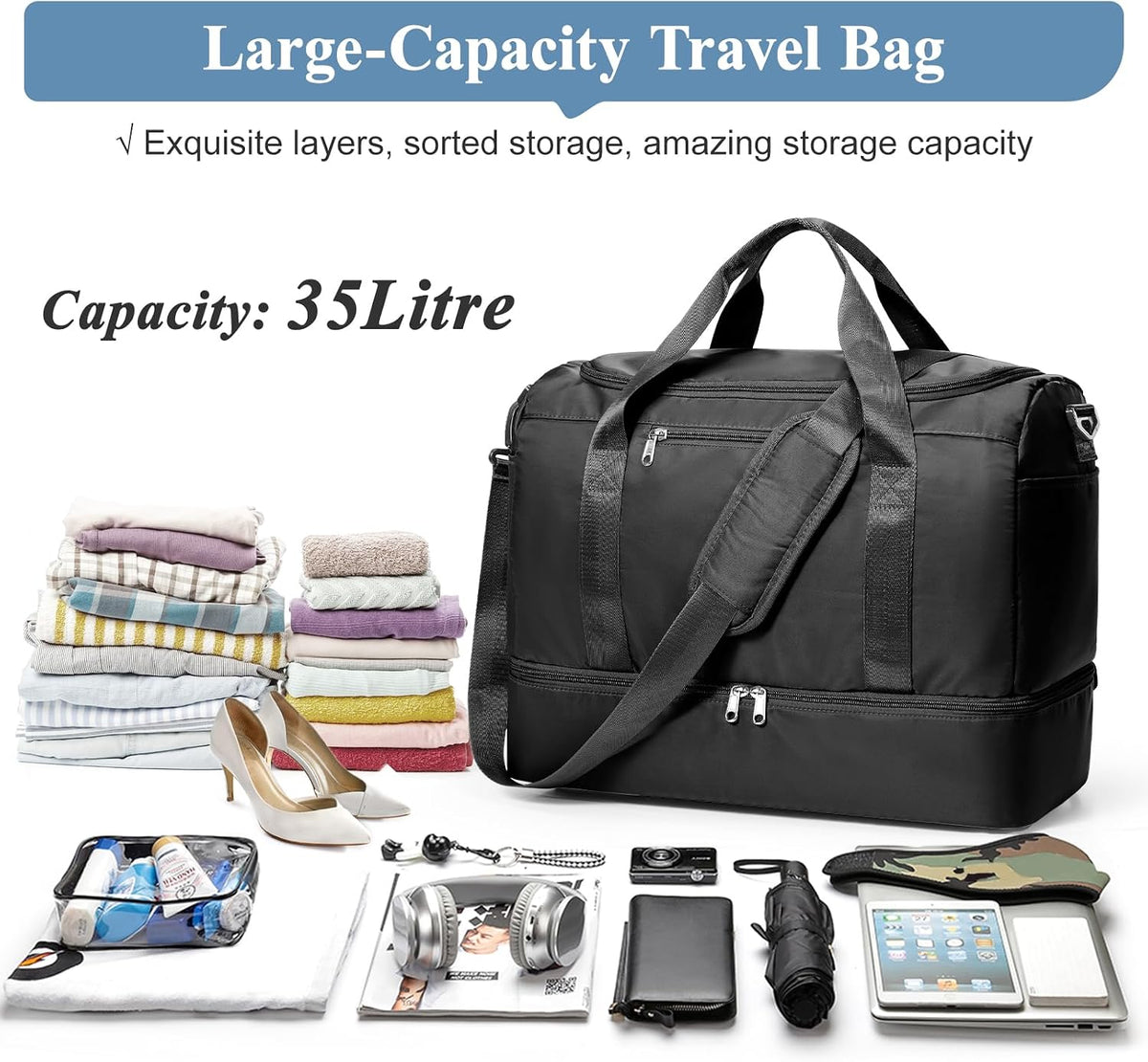 Travel Duffel Bag,Carry-On Overnight Weekender Bags with Shoes Compartment | Travel Bag with Wet Pocket & Luggage Sleeve, For Spirit Airlines 18x14x8 Personal Item Bag,Small,Black & Brown