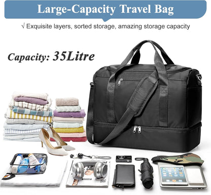 Travel Duffel Bag,Carry-On Overnight Weekender Bags with Shoes Compartment | Travel Bag with Wet Pocket & Luggage Sleeve, For Spirit Airlines 18x14x8 Personal Item Bag,Small,Black & Brown
